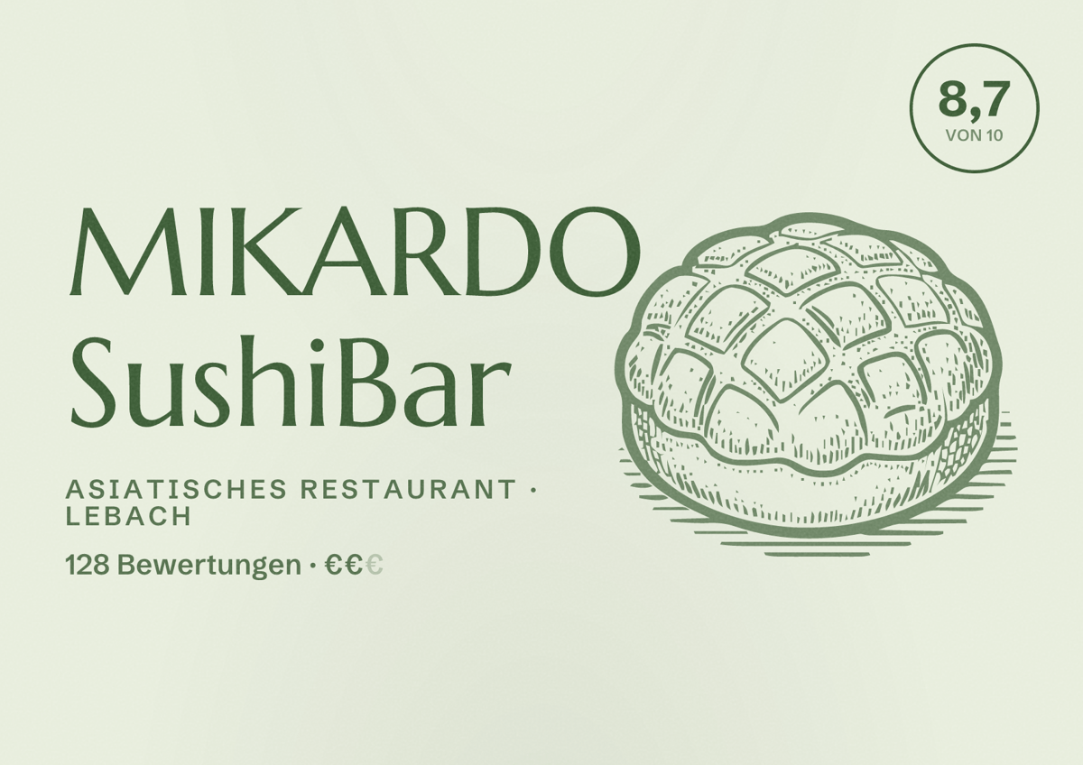 Illustriertes Poster von MIKARDO SushiBar, Asiatisches Restaurant in Lebach: Bewertung 8,7 von 10 aus 128 Bewertungen, Preisniveau €€