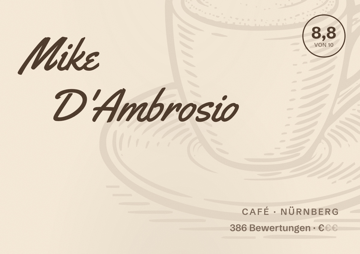 Illustriertes Poster von Mike D'Ambrosio, Café in Nürnberg: Bewertung 8,8 von 10 aus 386 Bewertungen, Preisniveau €