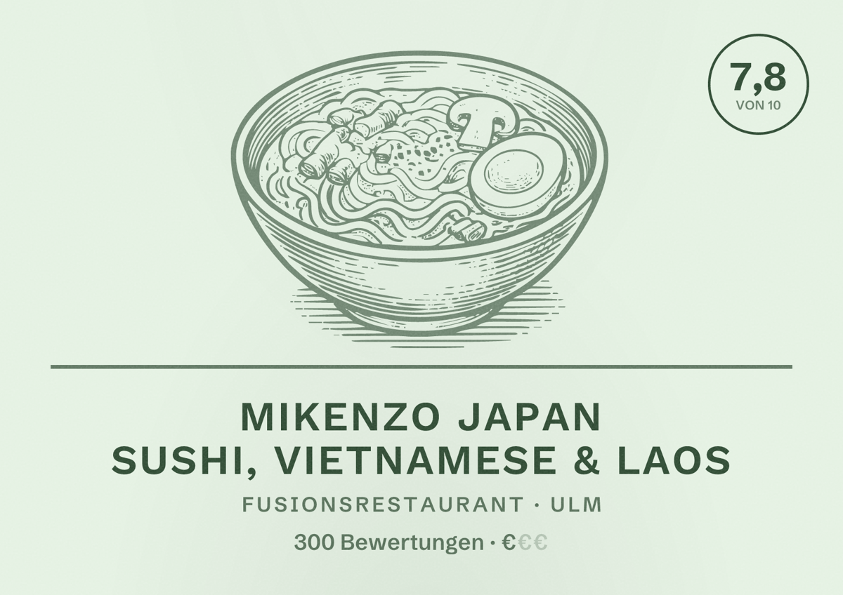 Illustriertes Poster von MiKenzo Japan Sushi, Vietnamese & Laos, Fusionsrestaurant in Ulm: Bewertung 7,8 von 10 aus 300 Bewertungen, Preisniveau €