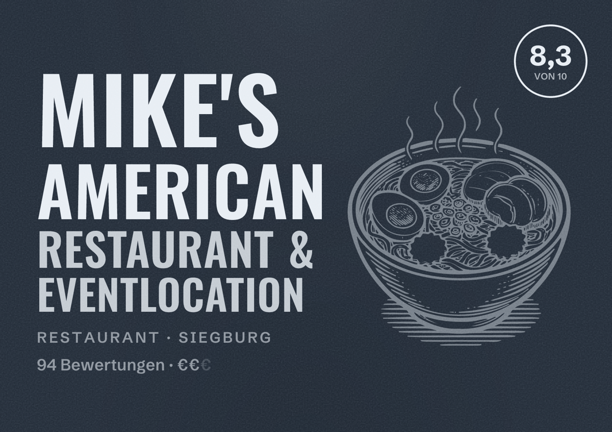 Illustriertes Poster von Mike's American Restaurant & Eventlocation, Restaurant in Siegburg: Bewertung 8,3 von 10 aus 94 Bewertungen, Preisniveau €€