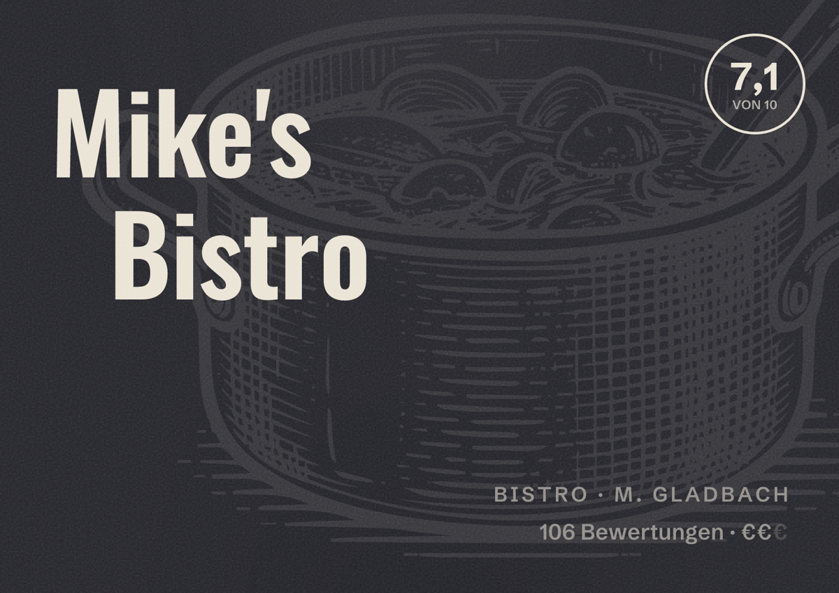 Illustriertes Poster von Mike's Bistro, Bistro in M. Gladbach: Bewertung 7,1 von 10 aus 106 Bewertungen, Preisniveau €€
