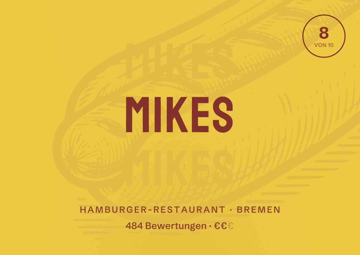Illustriertes Poster von Mikes, Hamburger-Restaurant in Bremen: Bewertung 8 von 10 aus 484 Bewertungen, Preisniveau €€