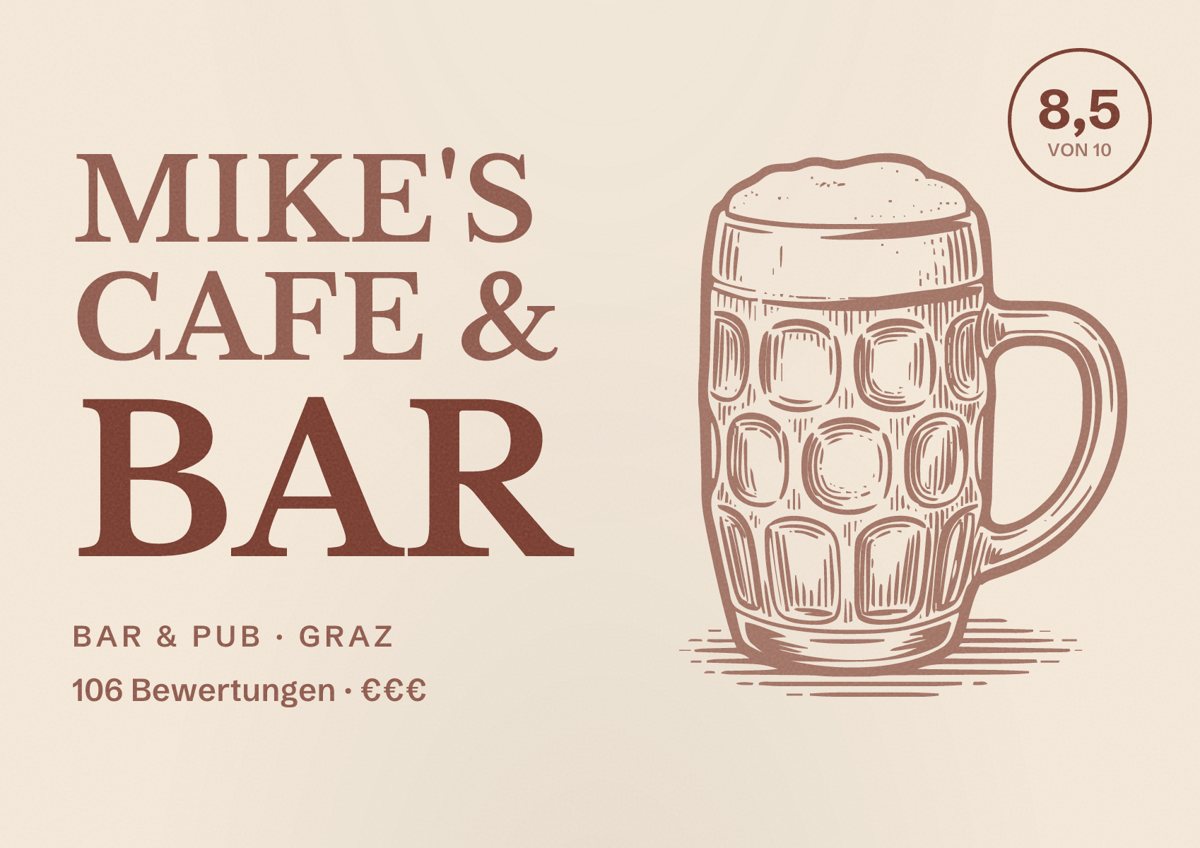 Illustriertes Poster von Mike's Cafe & Bar, Bar & Pub in Graz: Bewertung 8,5 von 10 aus 106 Bewertungen, Preisniveau €€€