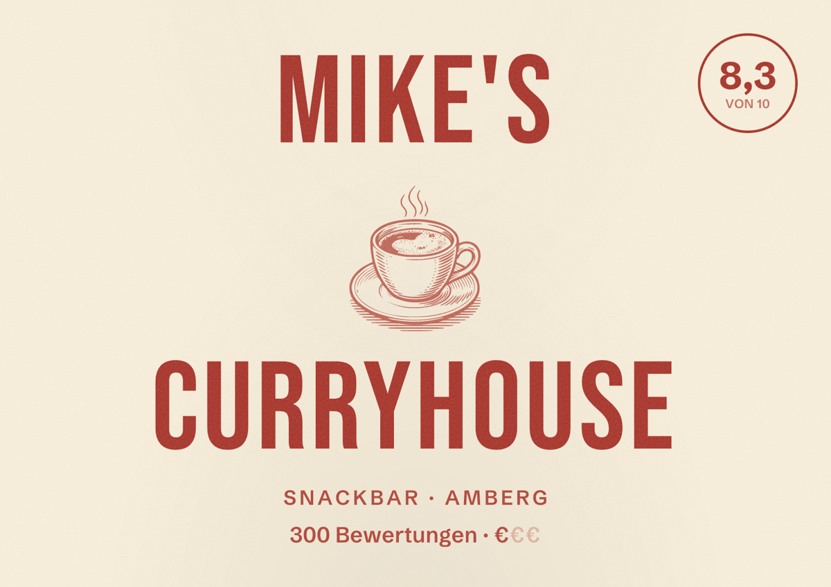 Illustriertes Poster von Mike's Curryhouse, Snackbar in Amberg: Bewertung 8,3 von 10 aus 300 Bewertungen, Preisniveau €