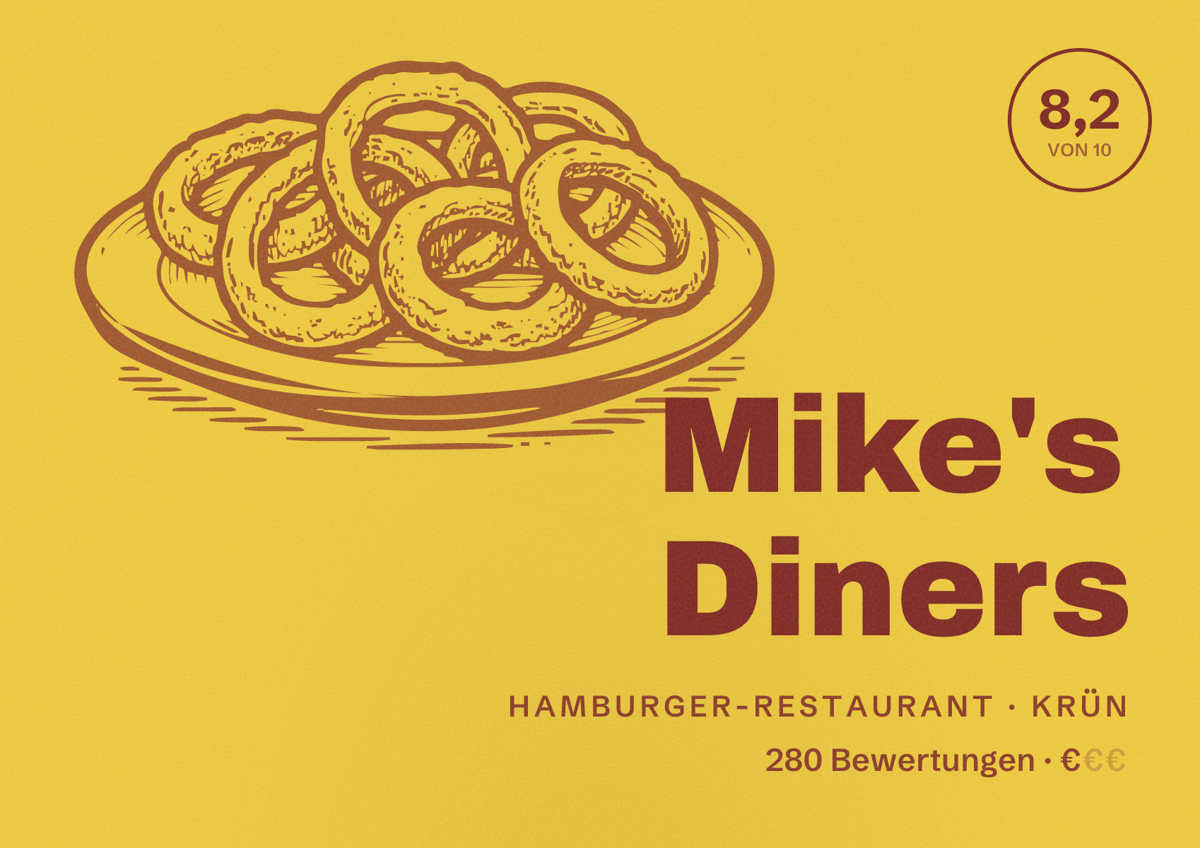 Illustriertes Poster von Mike's Diners, Hamburger-Restaurant in Krün: Bewertung 8,2 von 10 aus 280 Bewertungen, Preisniveau €