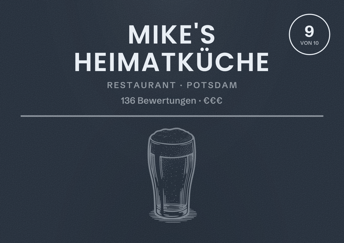 Illustriertes Poster von mike's Heimatküche, Restaurant in Potsdam: Bewertung 9,0 von 10 aus 136 Bewertungen, Preisniveau €€€