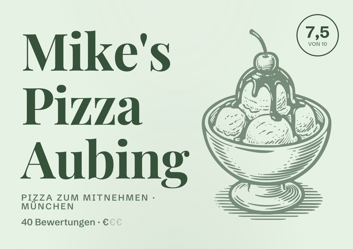 Illustriertes Poster von Mike's Pizza Aubing, Pizza zum Mitnehmen in München: Bewertung 7,5 von 10 aus 40 Bewertungen, Preisniveau €