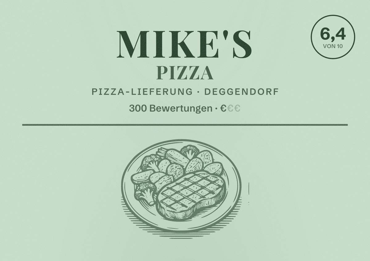 Illustriertes Poster von Mike's Pizza, Pizza-Lieferung in Deggendorf: Bewertung 6,4 von 10 aus 300 Bewertungen, Preisniveau €