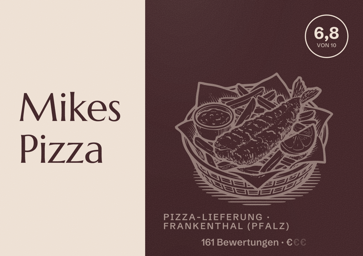Illustriertes Poster von Mikes Pizza, Pizza-Lieferung in Frankenthal (Pfalz): Bewertung 6,8 von 10 aus 161 Bewertungen, Preisniveau €