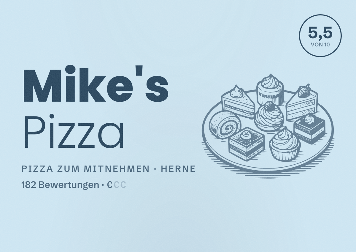 Illustriertes Poster von Mike's Pizza, Pizza zum Mitnehmen in Herne: Bewertung 5,5 von 10 aus 182 Bewertungen, Preisniveau €