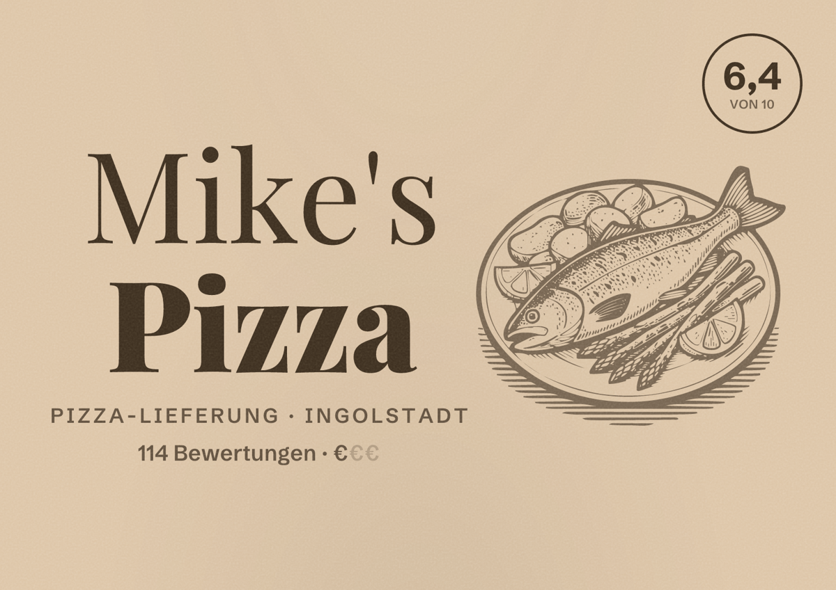 Illustriertes Poster von Mike's Pizza, Pizza-Lieferung in Ingolstadt: Bewertung 6,4 von 10 aus 114 Bewertungen, Preisniveau €
