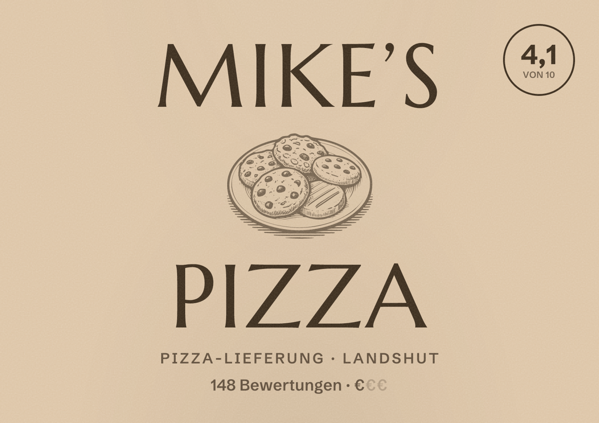 Illustriertes Poster von Mike’s Pizza, Pizza-Lieferung in Landshut: Bewertung 4,1 von 10 aus 148 Bewertungen, Preisniveau €