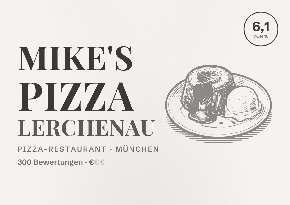 Illustriertes Poster von Mike's Pizza Lerchenau, Pizza-Restaurant in München: Bewertung 6,1 von 10 aus 300 Bewertungen, Preisniveau €
