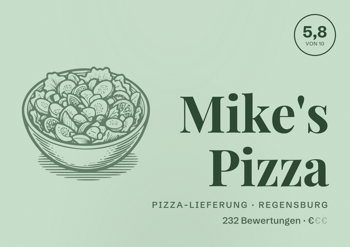 Illustriertes Poster von Mike's Pizza, Pizza-Lieferung in Regensburg: Bewertung 5,8 von 10 aus 232 Bewertungen, Preisniveau €