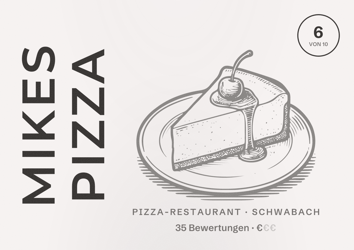 Illustriertes Poster von Mikes Pizza, Pizza-Restaurant in Schwabach: Bewertung 6 von 10 aus 35 Bewertungen, Preisniveau €