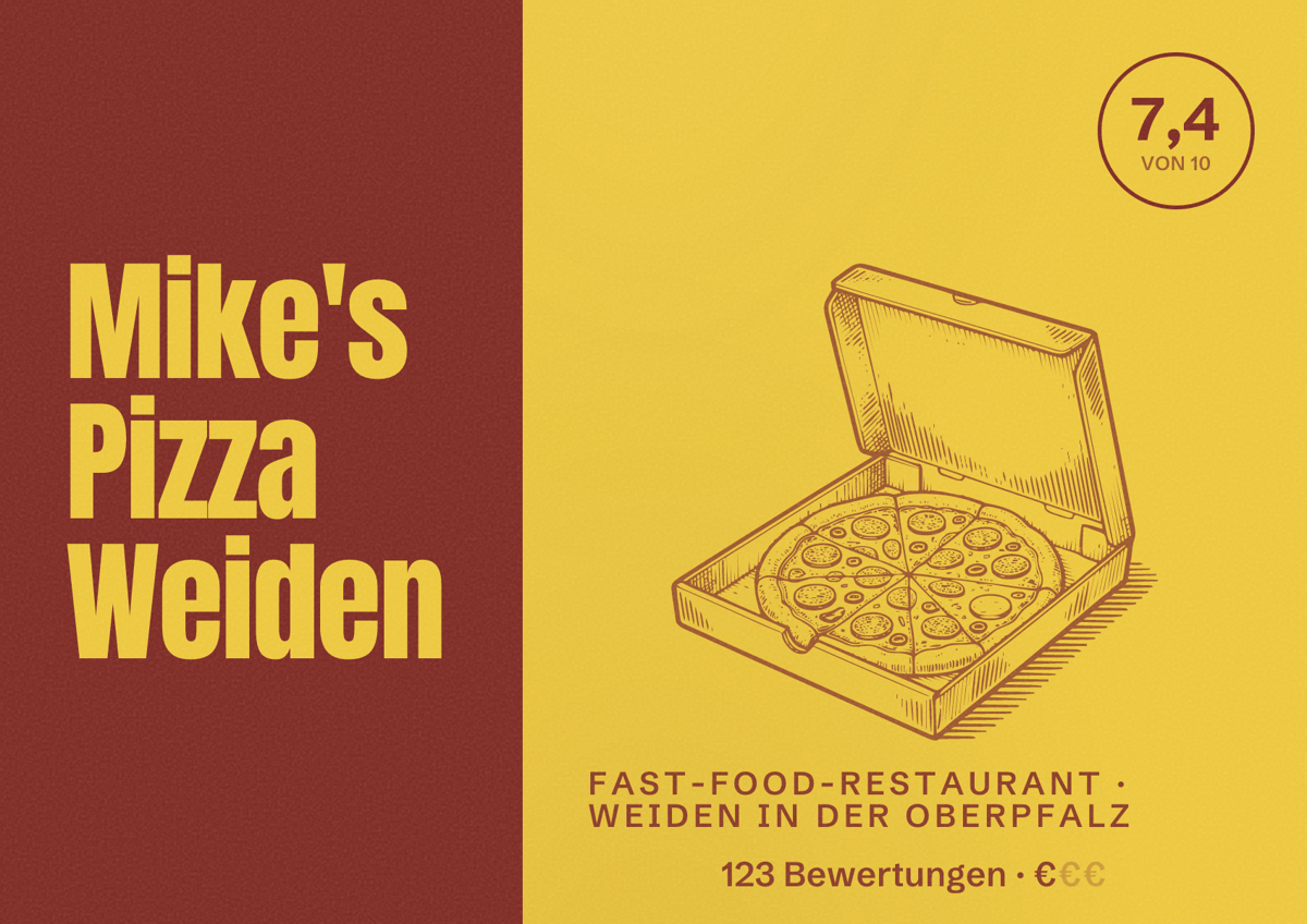 Illustriertes Poster von Mike's Pizza Weiden, Fast-Food-Restaurant in Weiden in der Oberpfalz: Bewertung 7,4 von 10 aus 123 Bewertungen, Preisniveau €