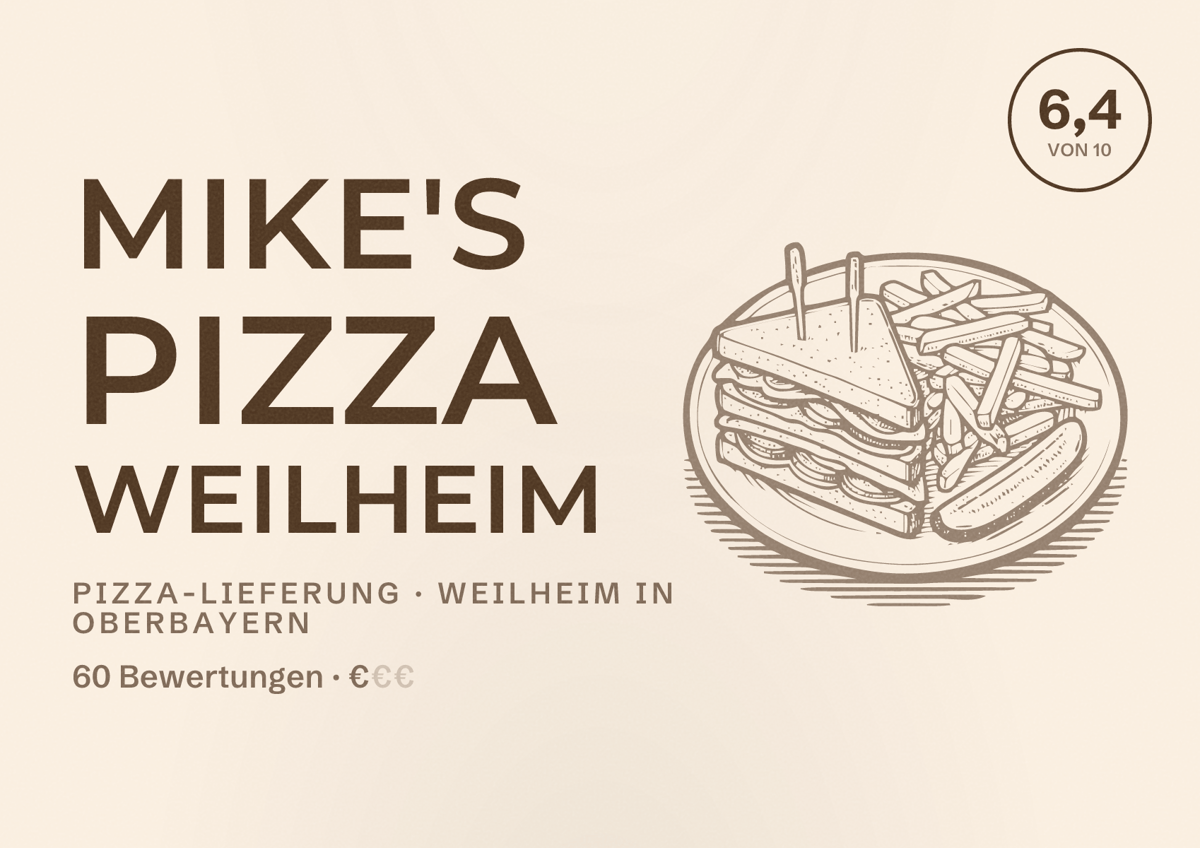 Illustriertes Poster von Mike's Pizza Weilheim, Pizza-Lieferung in Weilheim in Oberbayern: Bewertung 6,4 von 10 aus 60 Bewertungen, Preisniveau €