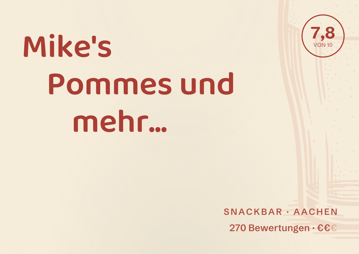 Illustriertes Poster von Mike's Pommes und mehr..., Snackbar in Aachen: Bewertung 7,8 von 10 aus 270 Bewertungen, Preisniveau €€
