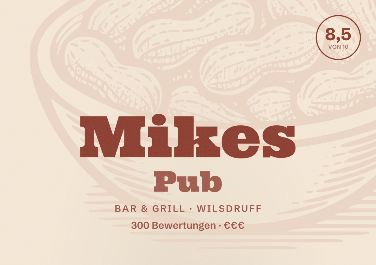 Illustriertes Poster von Mikes Pub, Bar & Grill in Wilsdruff: Bewertung 8,5 von 10 aus 300 Bewertungen, Preisniveau €€€