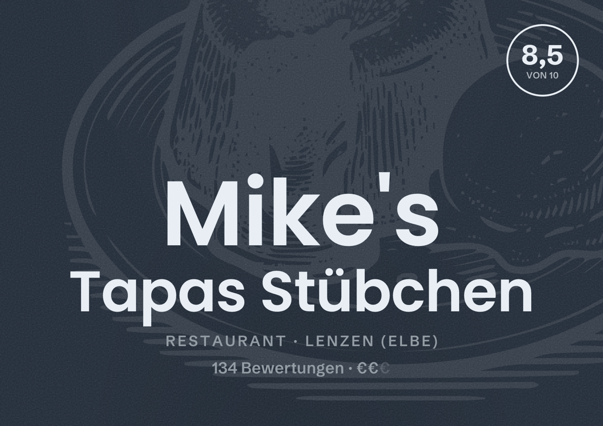 Illustriertes Poster von Mike's Tapas Stübchen, Restaurant in Lenzen (Elbe): Bewertung 8,5 von 10 aus 134 Bewertungen, Preisniveau €€