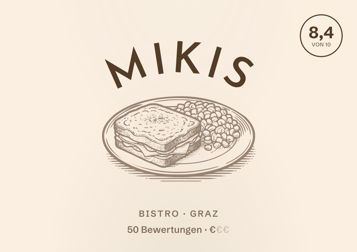 Illustriertes Poster von Mikis, Bistro in Graz: Bewertung 8,4 von 10 aus 50 Bewertungen, Preisniveau €