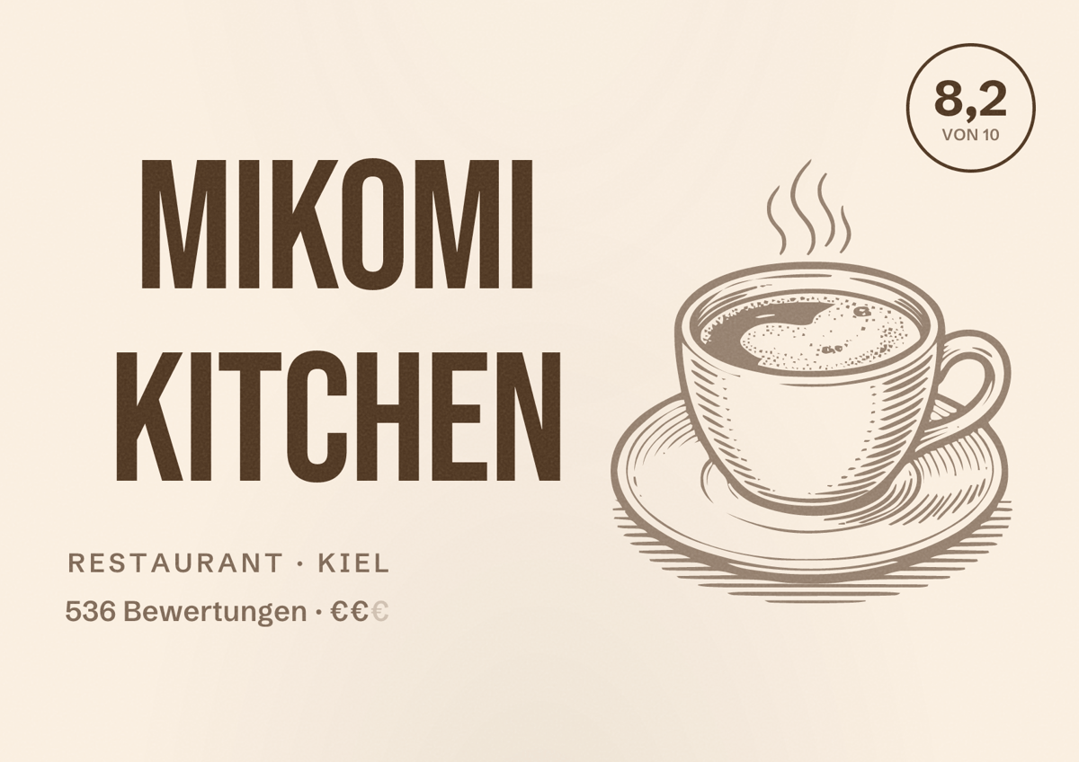 Illustriertes Poster von Mikomi Kitchen, Restaurant in Kiel: Bewertung 8,2 von 10 aus 536 Bewertungen, Preisniveau €€