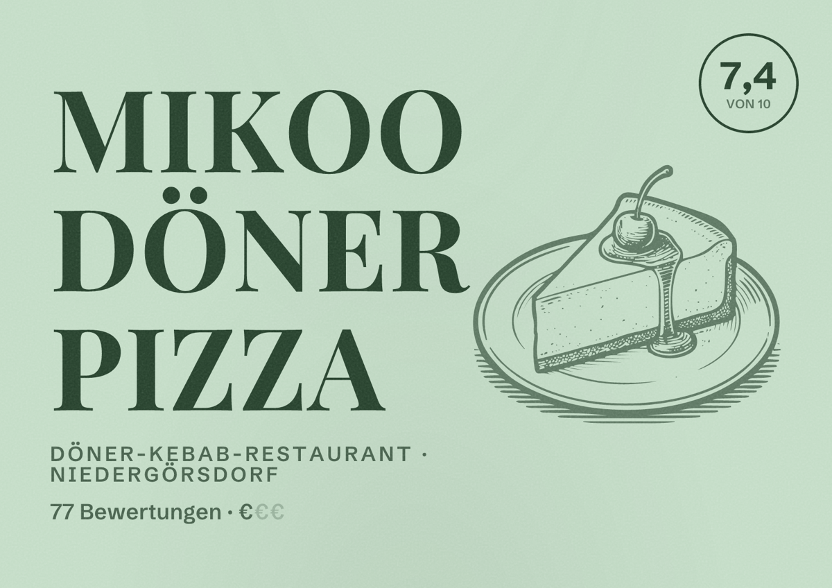 Illustriertes Poster von Mikoo Döner Pizza, Döner-Kebab-Restaurant in Niedergörsdorf: Bewertung 7,4 von 10 aus 77 Bewertungen, Preisniveau €