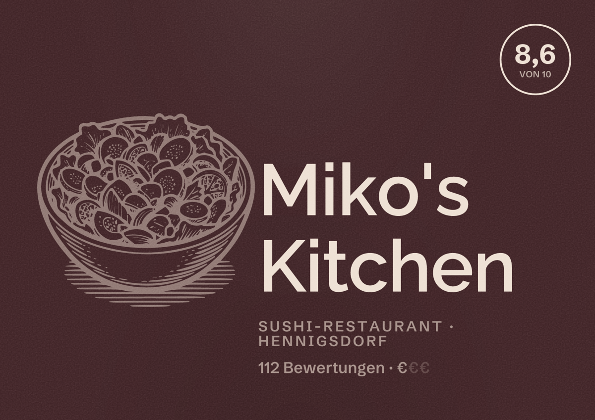 Illustriertes Poster von Miko's Kitchen, Sushi-Restaurant in Hennigsdorf: Bewertung 8,6 von 10 aus 112 Bewertungen, Preisniveau €