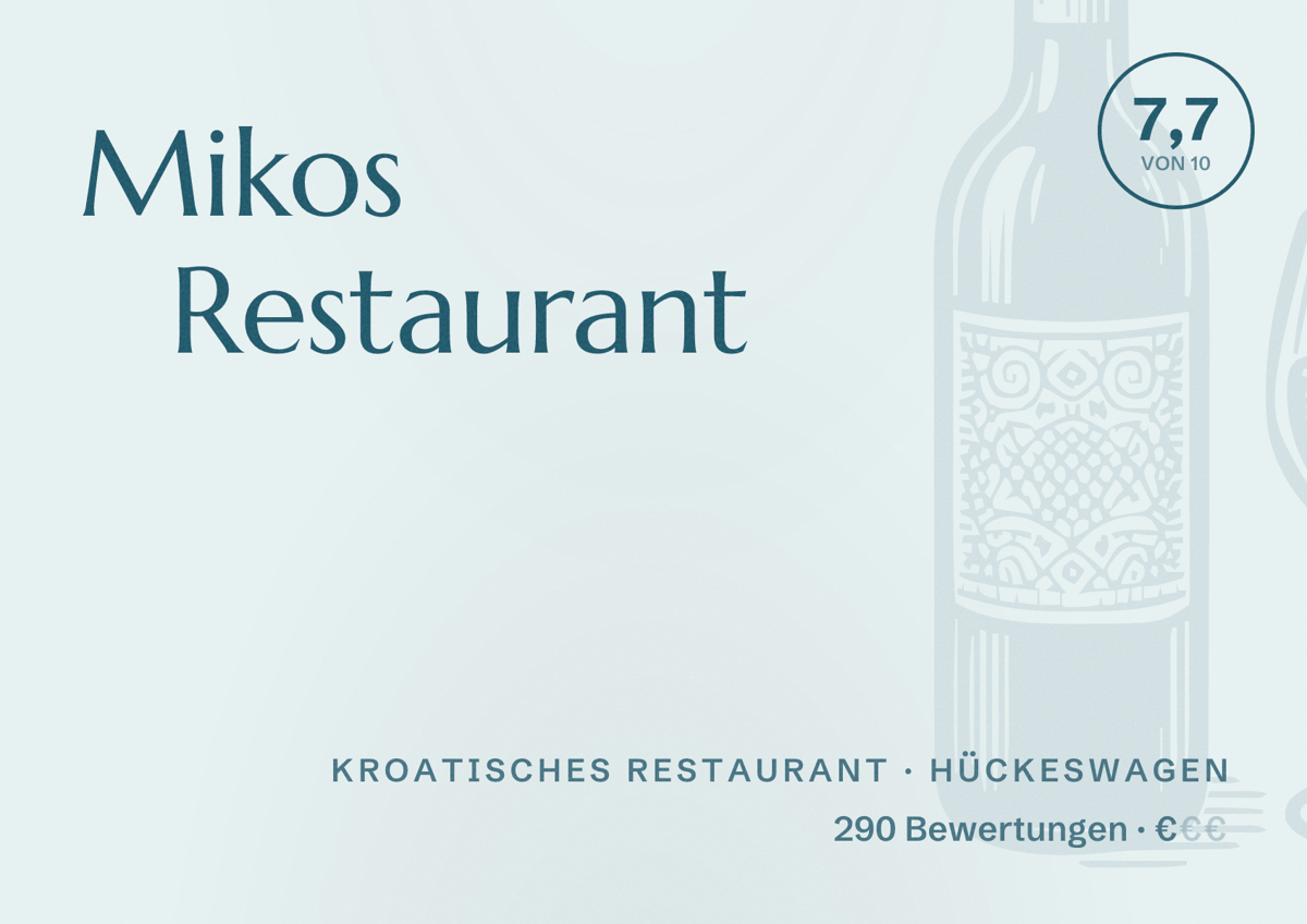 Illustriertes Poster von Mikos Restaurant, Kroatisches Restaurant in Hückeswagen: Bewertung 7,7 von 10 aus 290 Bewertungen, Preisniveau €