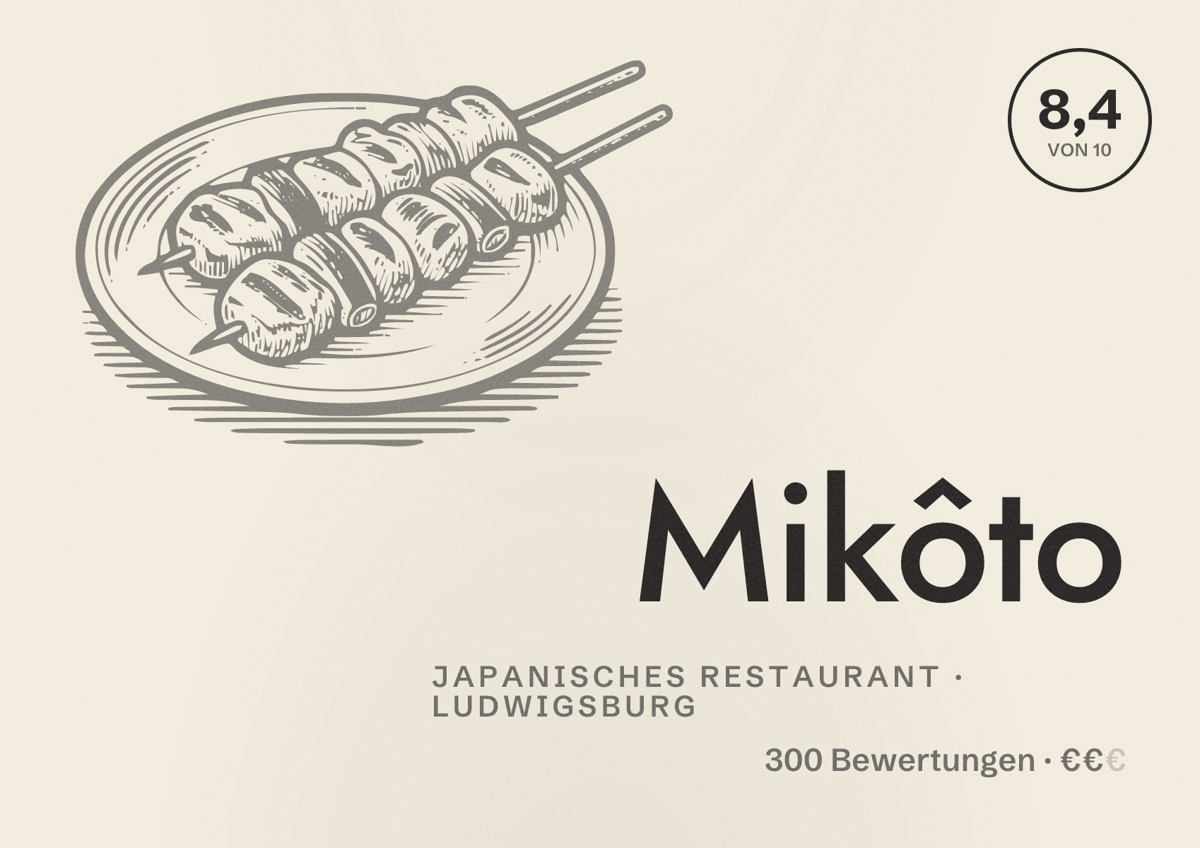 Illustriertes Poster von Mikôto, Japanisches Restaurant in Ludwigsburg: Bewertung 8,4 von 10 aus 300 Bewertungen, Preisniveau €€
