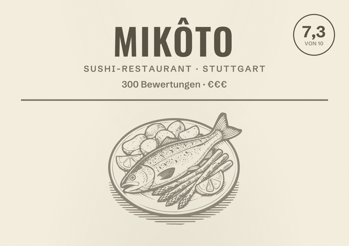 Illustriertes Poster von Mikôto, Sushi-Restaurant in Stuttgart: Bewertung 7,3 von 10 aus 300 Bewertungen, Preisniveau €€€