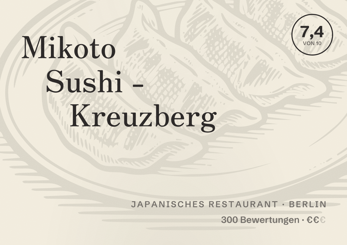Illustriertes Poster von Mikoto Sushi - Kreuzberg, Japanisches Restaurant in Berlin: Bewertung 7,4 von 10 aus 300 Bewertungen, Preisniveau €€