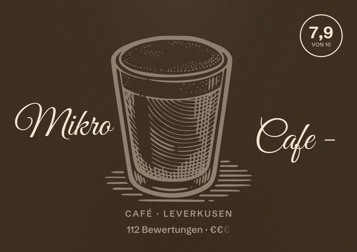 Illustriertes Poster von Mikro Cafe -, Café in Leverkusen: Bewertung 7,9 von 10 aus 112 Bewertungen, Preisniveau €€