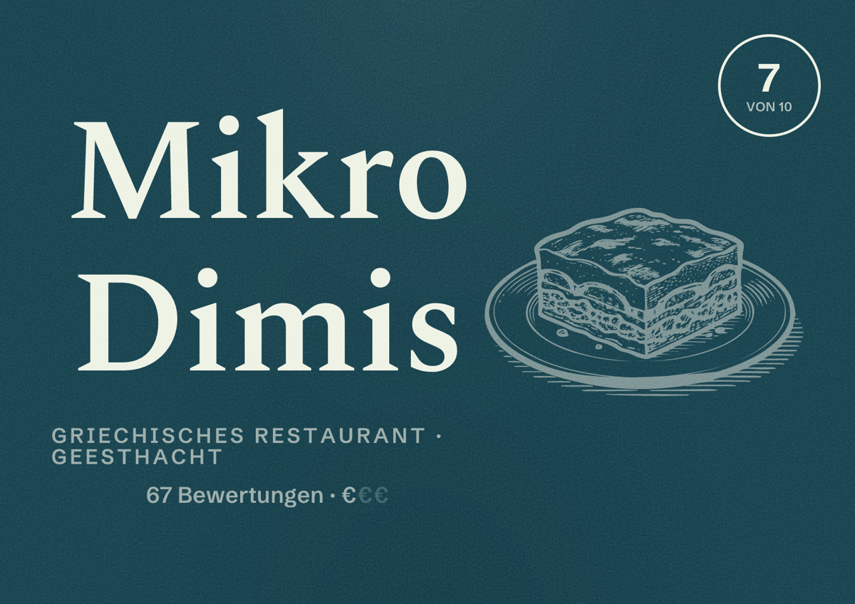 Illustriertes Poster von Mikro Dimis, Griechisches Restaurant in Geesthacht: Bewertung 7 von 10 aus 67 Bewertungen, Preisniveau €