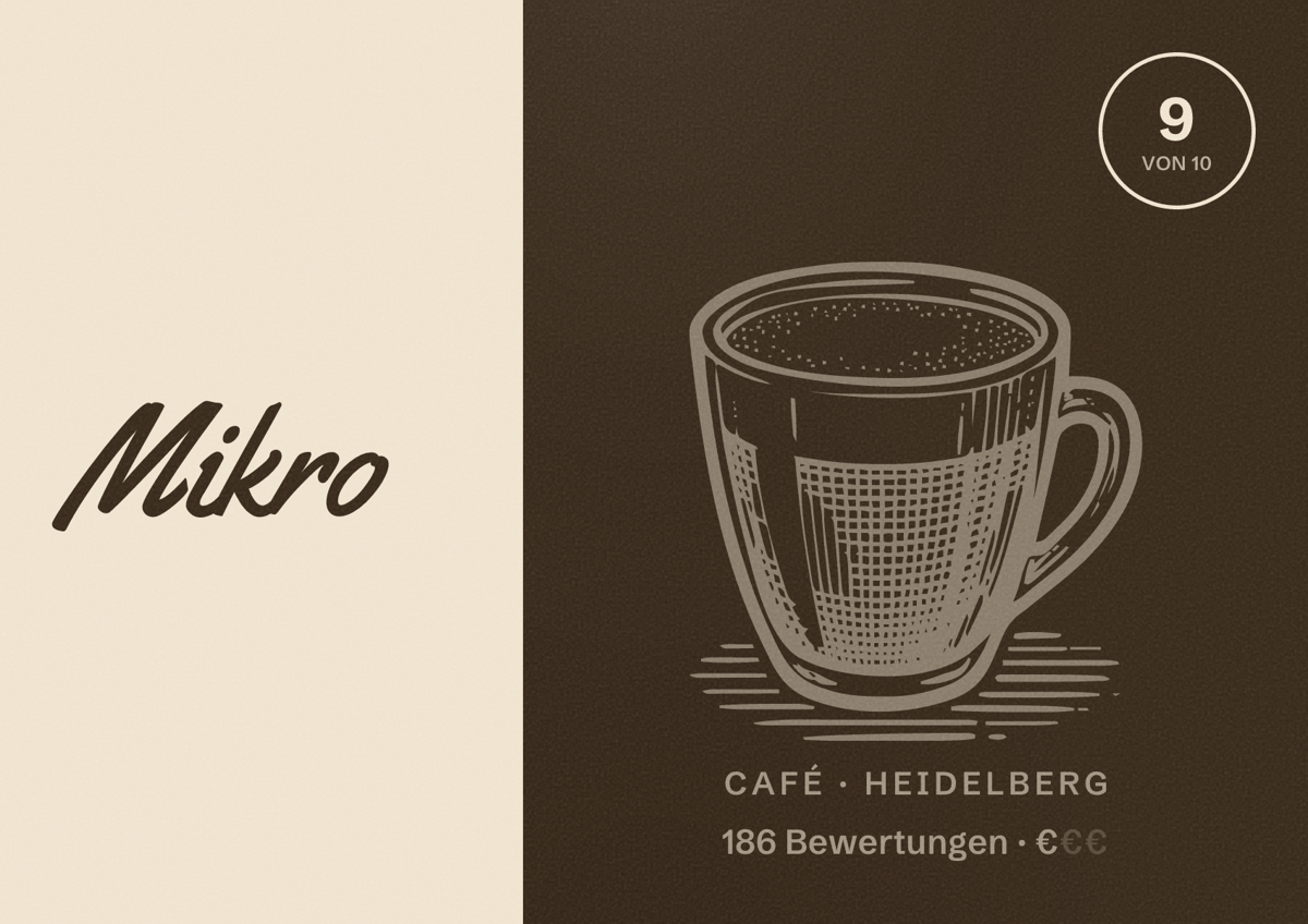 Illustriertes Poster von Mikro, Café in Heidelberg: Bewertung 9 von 10 aus 186 Bewertungen, Preisniveau €