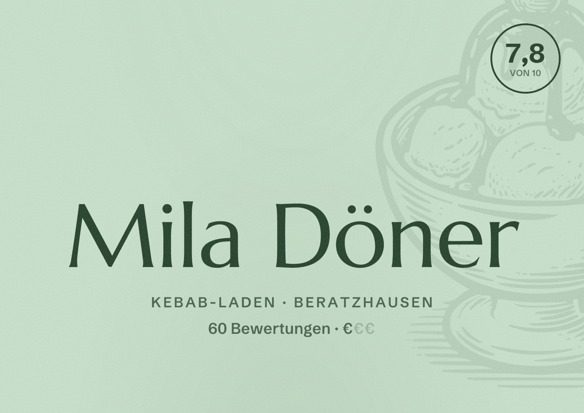 Illustriertes Poster von Mila Döner, Kebab-Laden in Beratzhausen: Bewertung 7,8 von 10 aus 60 Bewertungen, Preisniveau €