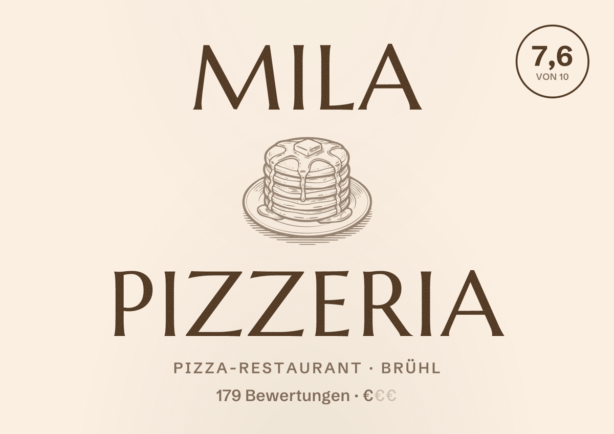 Illustriertes Poster von Mila Pizzeria, Pizza-Restaurant in Brühl: Bewertung 7,6 von 10 aus 179 Bewertungen, Preisniveau €