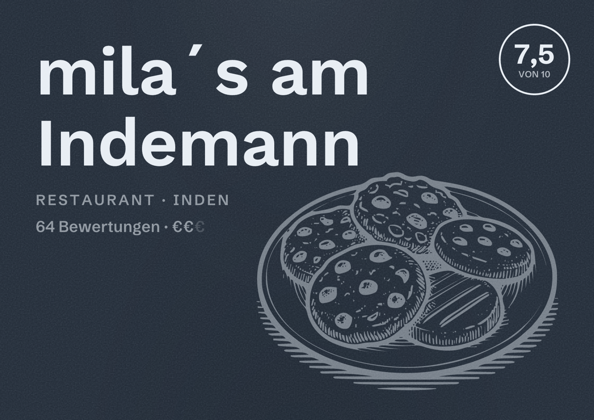 Illustriertes Poster von mila´s am Indemann, Restaurant in Inden: Bewertung 7,5 von 10 aus 64 Bewertungen, Preisniveau €€