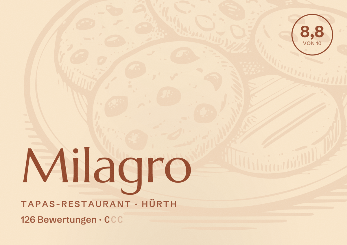 Illustriertes Poster von Milagro, Tapas-Restaurant in Hürth: Bewertung 8,8 von 10 aus 126 Bewertungen, Preisniveau €