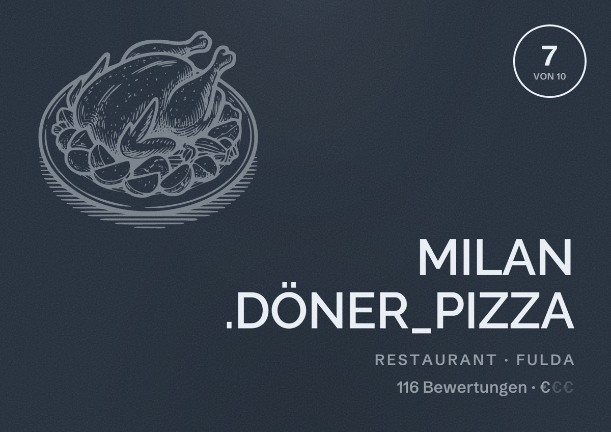 Illustriertes Poster von MILAN .DÖNER_PIZZA, Restaurant in Fulda: Bewertung 7 von 10 aus 116 Bewertungen, Preisniveau €