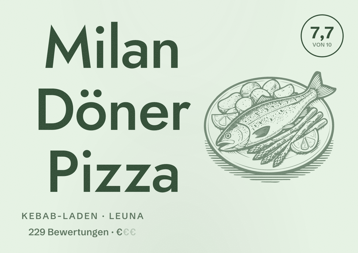Illustriertes Poster von Milan Döner Pizza, Kebab-Laden in Leuna: Bewertung 7,7 von 10 aus 229 Bewertungen, Preisniveau €
