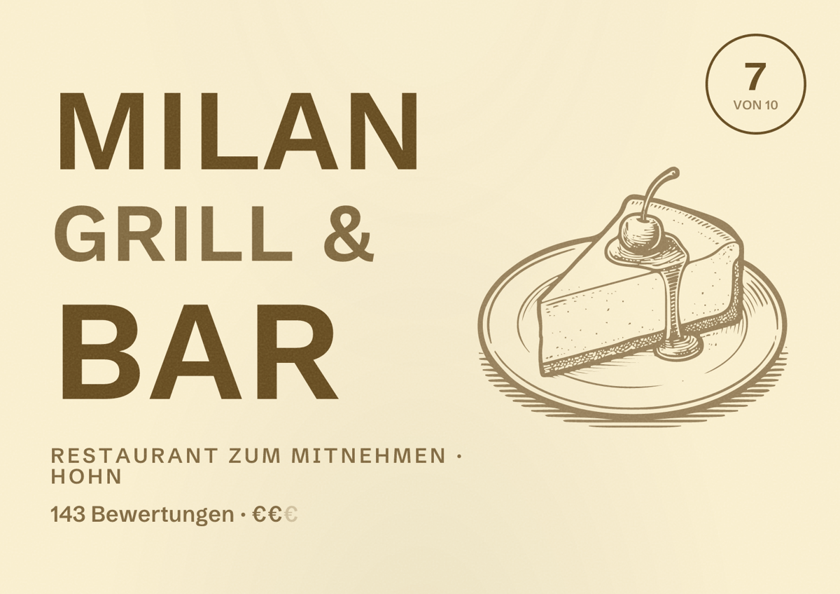Illustriertes Poster von MILAN Grill & Bar, Restaurant zum Mitnehmen in Hohn: Bewertung 7 von 10 aus 143 Bewertungen, Preisniveau €€