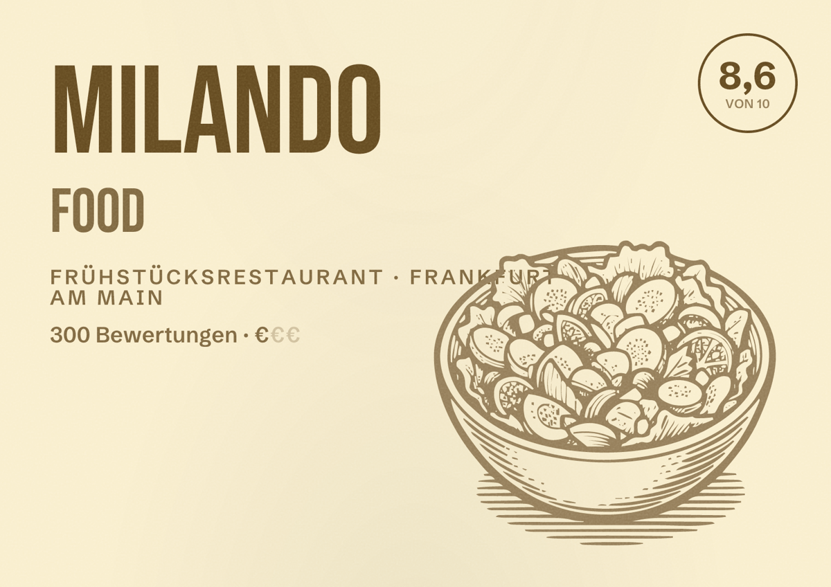 Illustriertes Poster von Milando Food, Frühstücksrestaurant in Frankfurt am Main: Bewertung 8,6 von 10 aus 300 Bewertungen, Preisniveau €