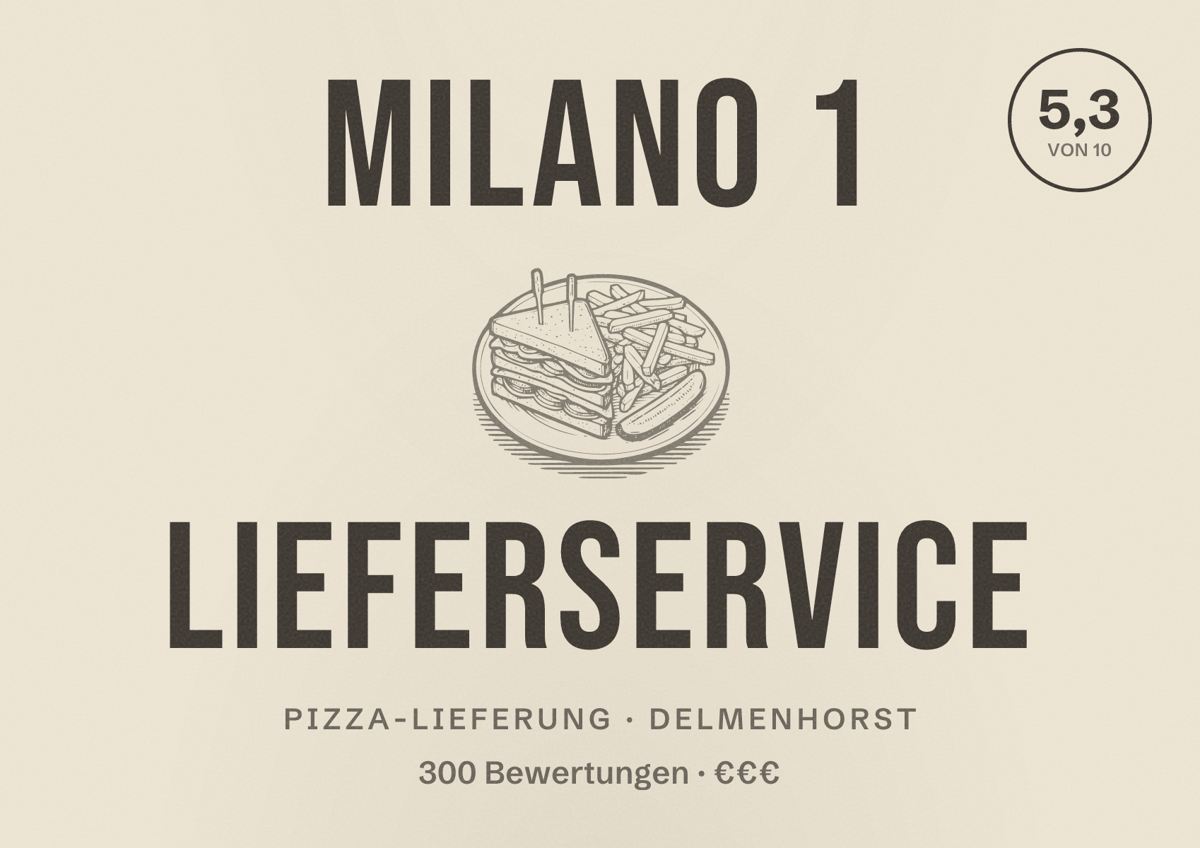 Illustriertes Poster von Milano 1 Lieferservice, Pizza-Lieferung in Delmenhorst: Bewertung 5,3 von 10 aus 300 Bewertungen, Preisniveau €€€