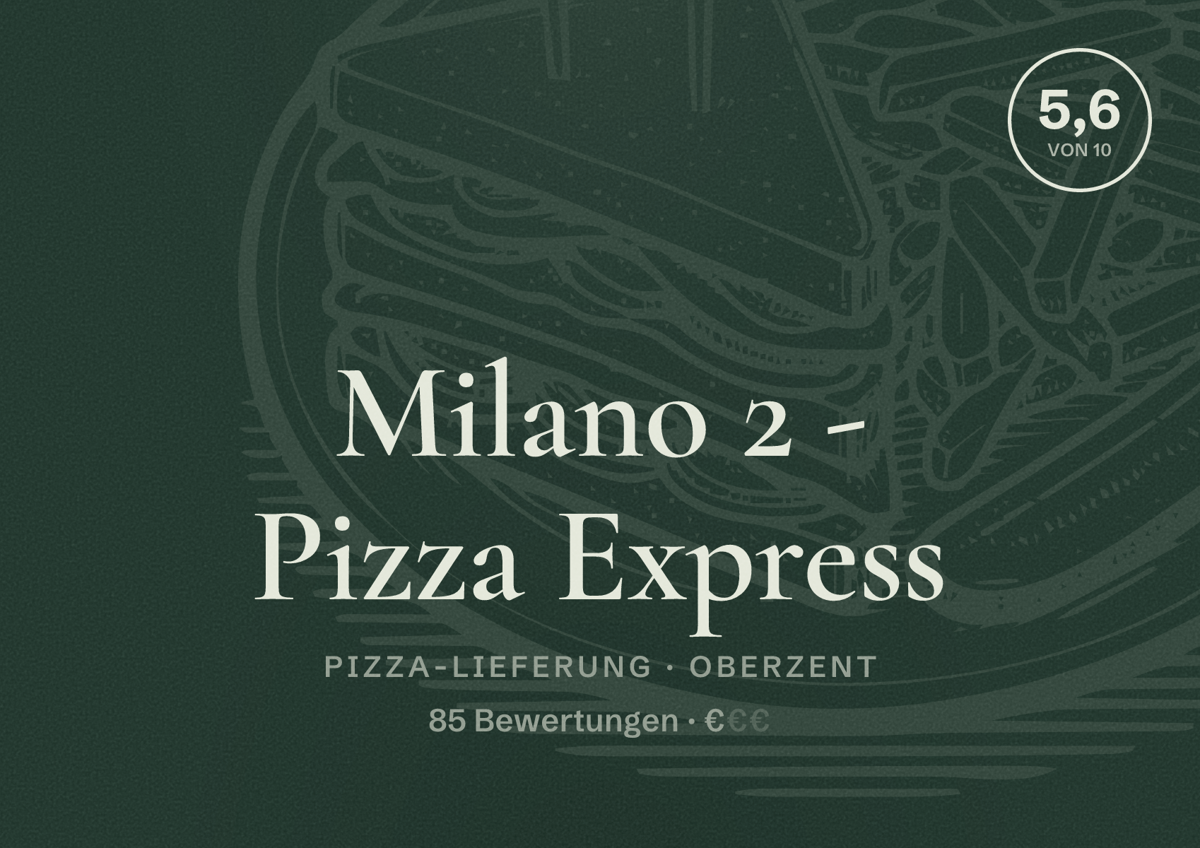 Illustriertes Poster von Milano 2 - Pizza Express, Pizza-Lieferung in Oberzent: Bewertung 5,6 von 10 aus 85 Bewertungen, Preisniveau €