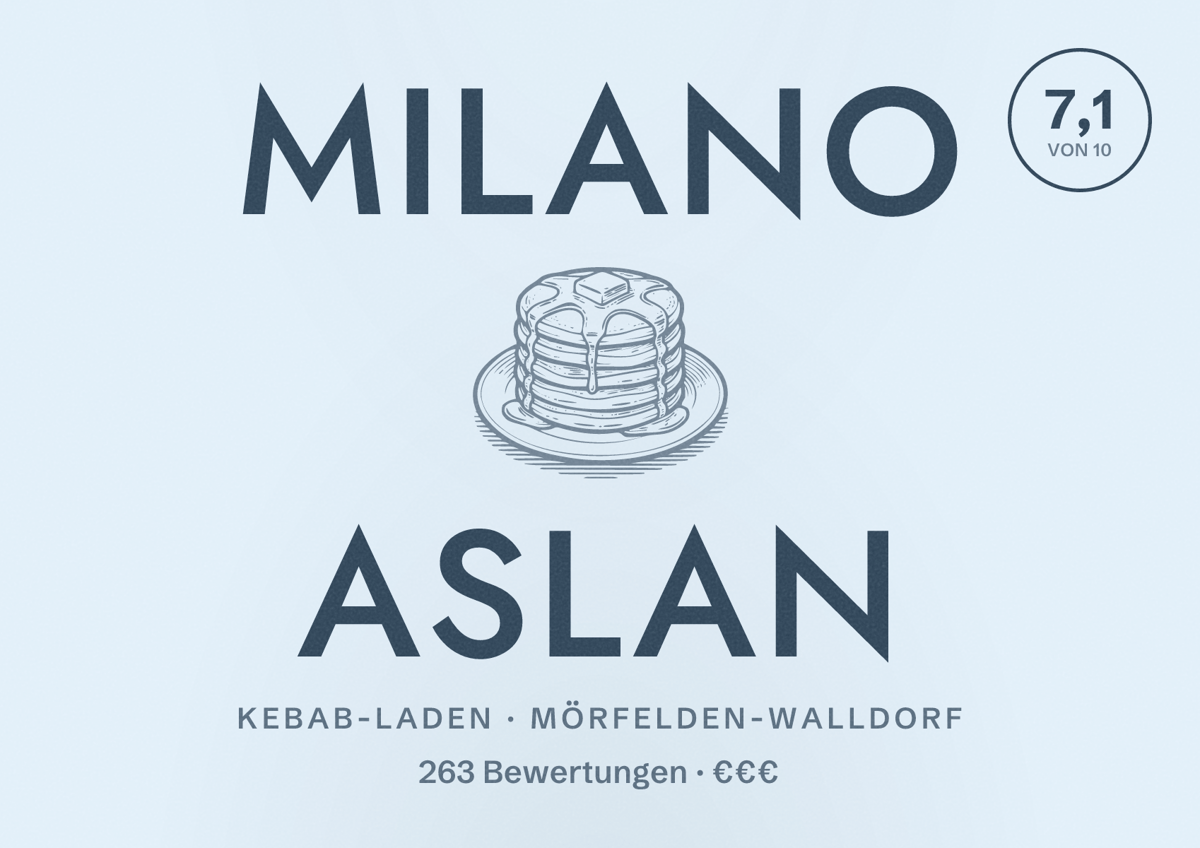 Illustriertes Poster von Milano Aslan, Kebab-Laden in Mörfelden-Walldorf: Bewertung 7,1 von 10 aus 263 Bewertungen, Preisniveau €€€