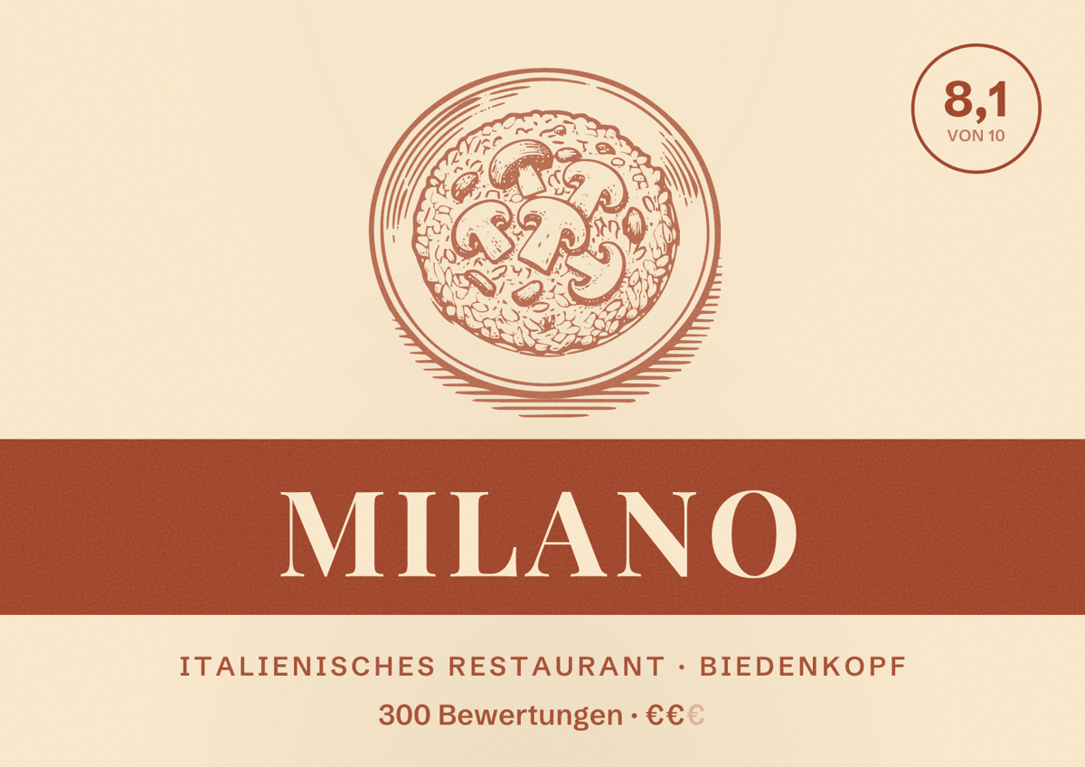Illustriertes Poster von Milano, Italienisches Restaurant in Biedenkopf: Bewertung 8,1 von 10 aus 300 Bewertungen, Preisniveau €€