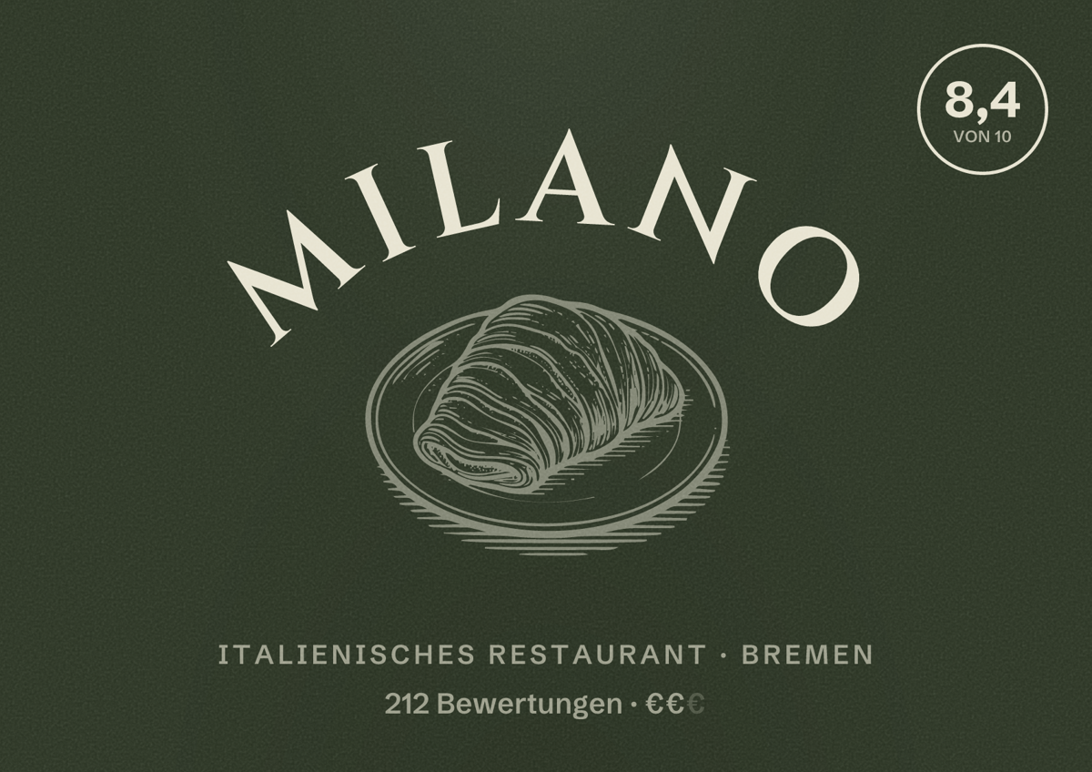 Illustriertes Poster von Milano, Italienisches Restaurant in Bremen: Bewertung 8,4 von 10 aus 212 Bewertungen, Preisniveau €€