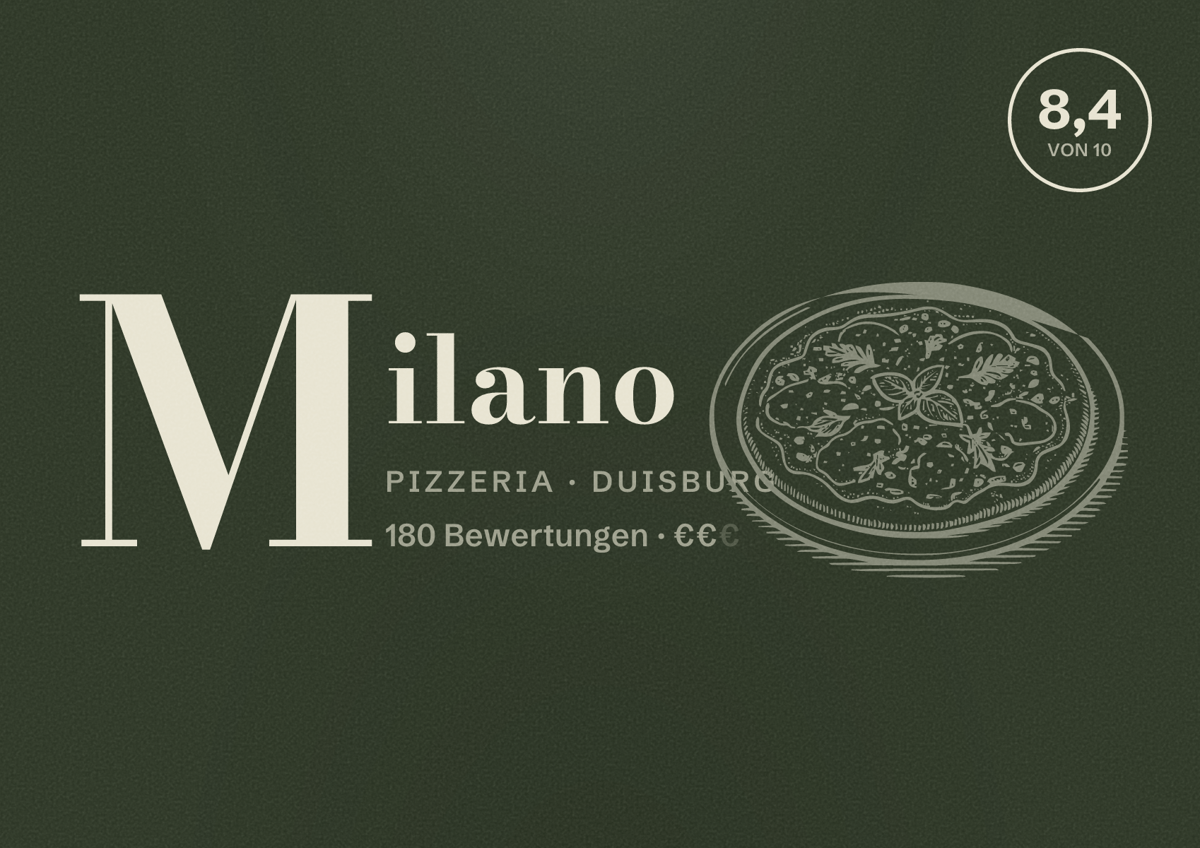 Illustriertes Poster von Milano, Pizzeria in Duisburg: Bewertung 8,4 von 10 aus 180 Bewertungen, Preisniveau €€