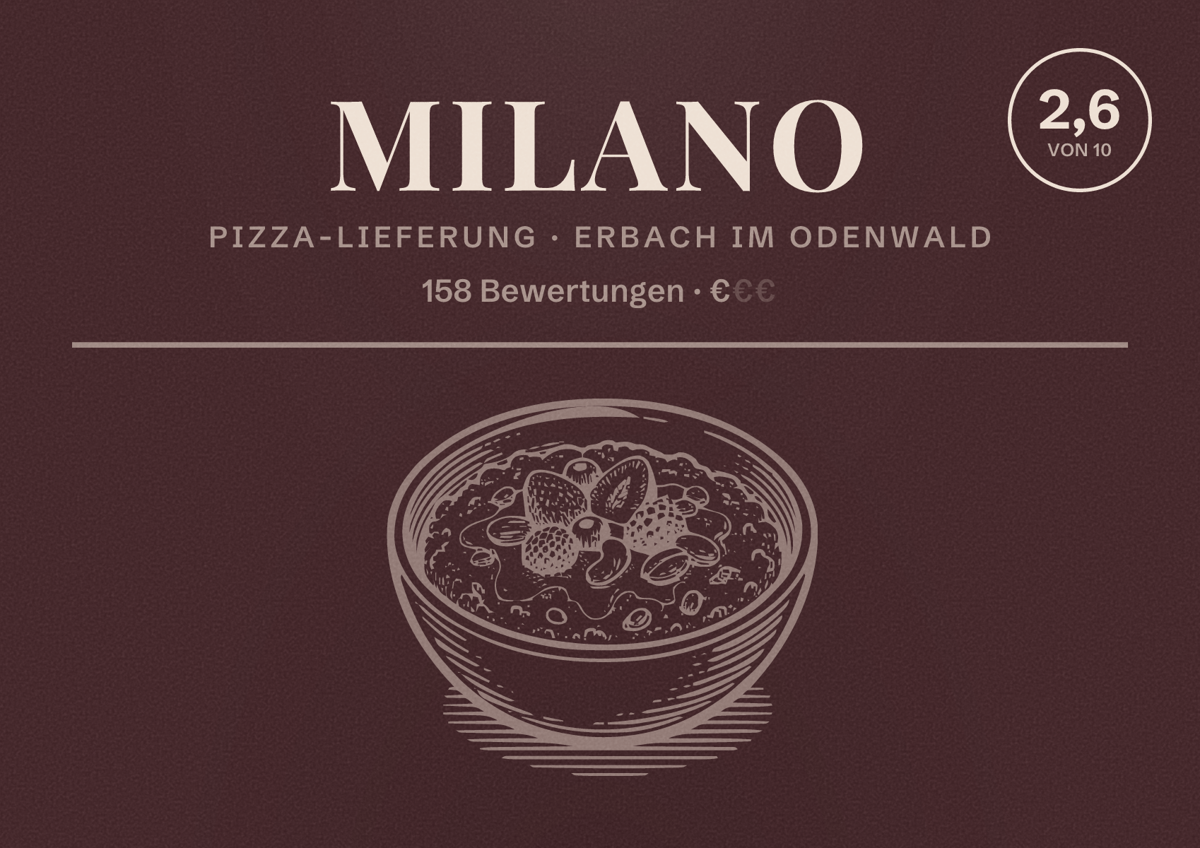 Illustriertes Poster von Milano, Pizza-Lieferung in Erbach im Odenwald: Bewertung 2,6 von 10 aus 158 Bewertungen, Preisniveau €